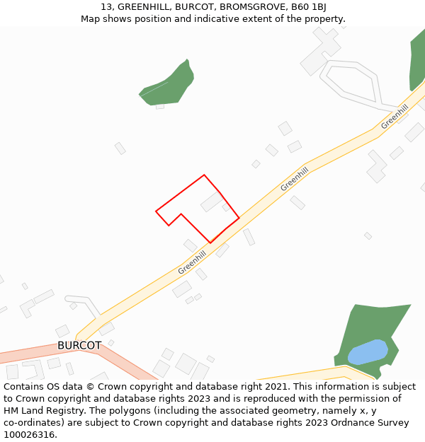 13, GREENHILL, BURCOT, BROMSGROVE, B60 1BJ: Location map and indicative extent of plot