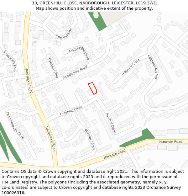 13, GREENHILL CLOSE, NARBOROUGH, LEICESTER, LE19 3WD: Location map and indicative extent of plot