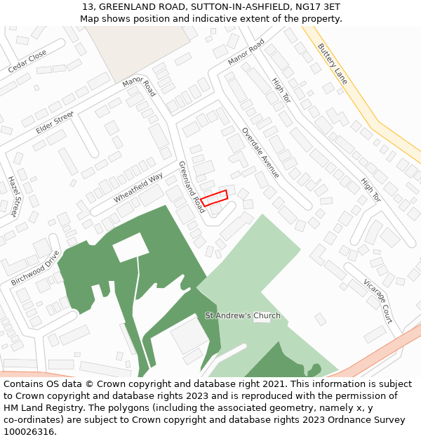 13, GREENLAND ROAD, SUTTON-IN-ASHFIELD, NG17 3ET: Location map and indicative extent of plot