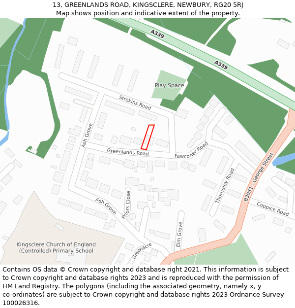 13, GREENLANDS ROAD, KINGSCLERE, NEWBURY, RG20 5RJ: Location map and indicative extent of plot