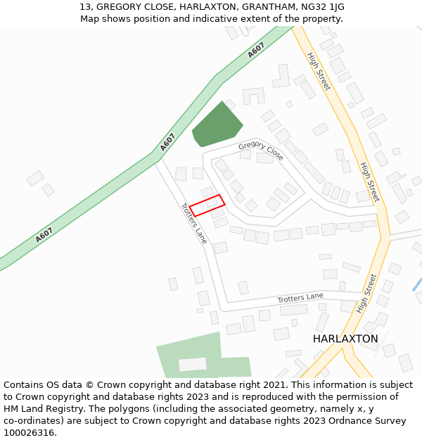 13, GREGORY CLOSE, HARLAXTON, GRANTHAM, NG32 1JG: Location map and indicative extent of plot