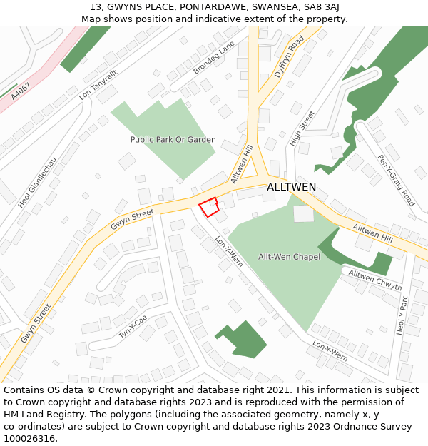 13, GWYNS PLACE, PONTARDAWE, SWANSEA, SA8 3AJ: Location map and indicative extent of plot