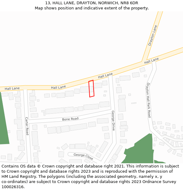 13, HALL LANE, DRAYTON, NORWICH, NR8 6DR: Location map and indicative extent of plot