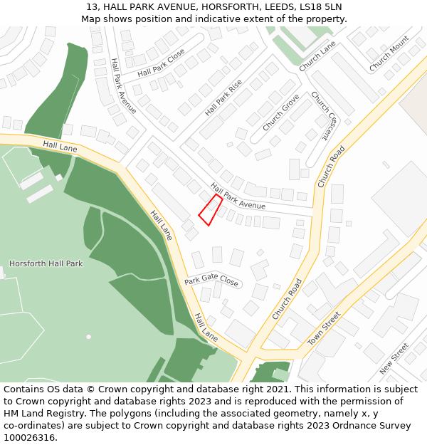 13, HALL PARK AVENUE, HORSFORTH, LEEDS, LS18 5LN: Location map and indicative extent of plot