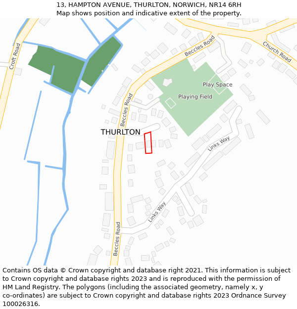 13, HAMPTON AVENUE, THURLTON, NORWICH, NR14 6RH: Location map and indicative extent of plot