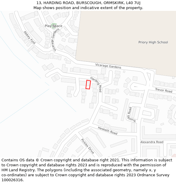13, HARDING ROAD, BURSCOUGH, ORMSKIRK, L40 7UJ: Location map and indicative extent of plot