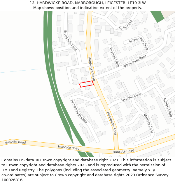 13, HARDWICKE ROAD, NARBOROUGH, LEICESTER, LE19 3LW: Location map and indicative extent of plot