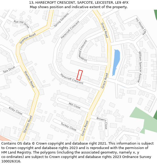13, HARECROFT CRESCENT, SAPCOTE, LEICESTER, LE9 4FX: Location map and indicative extent of plot