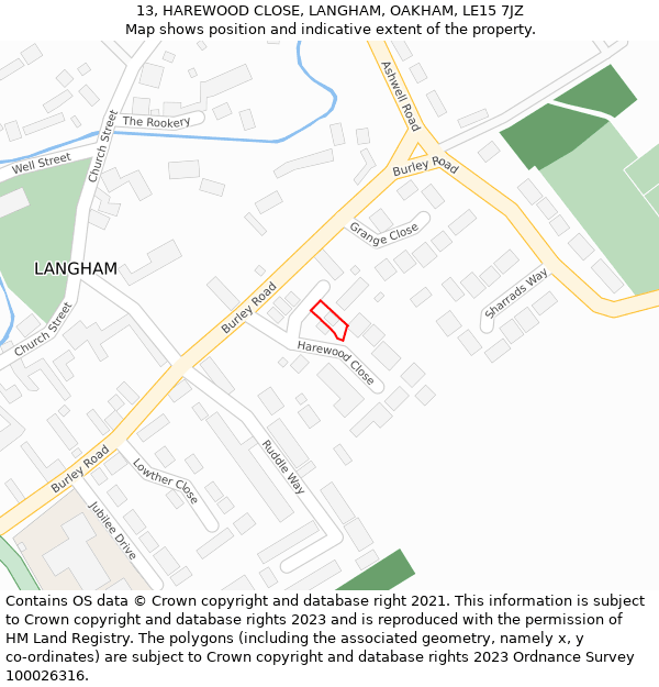 13, HAREWOOD CLOSE, LANGHAM, OAKHAM, LE15 7JZ: Location map and indicative extent of plot