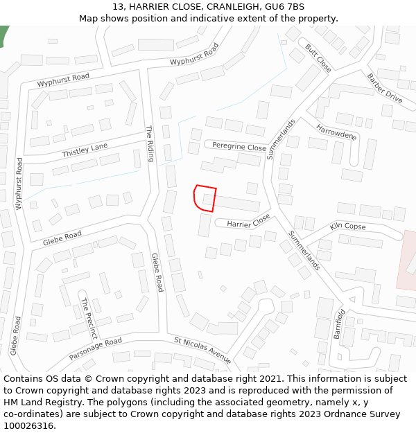 13, HARRIER CLOSE, CRANLEIGH, GU6 7BS: Location map and indicative extent of plot