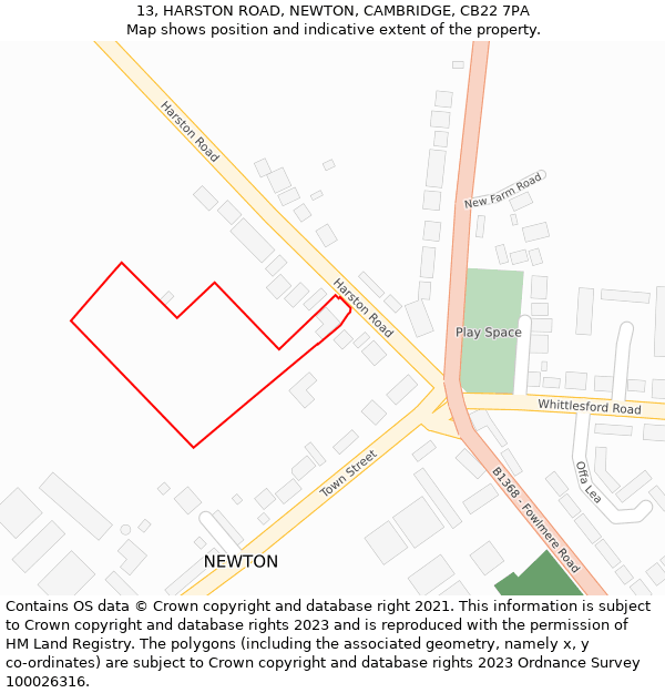 13, HARSTON ROAD, NEWTON, CAMBRIDGE, CB22 7PA: Location map and indicative extent of plot