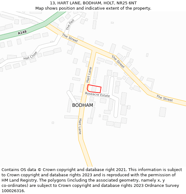 13, HART LANE, BODHAM, HOLT, NR25 6NT: Location map and indicative extent of plot