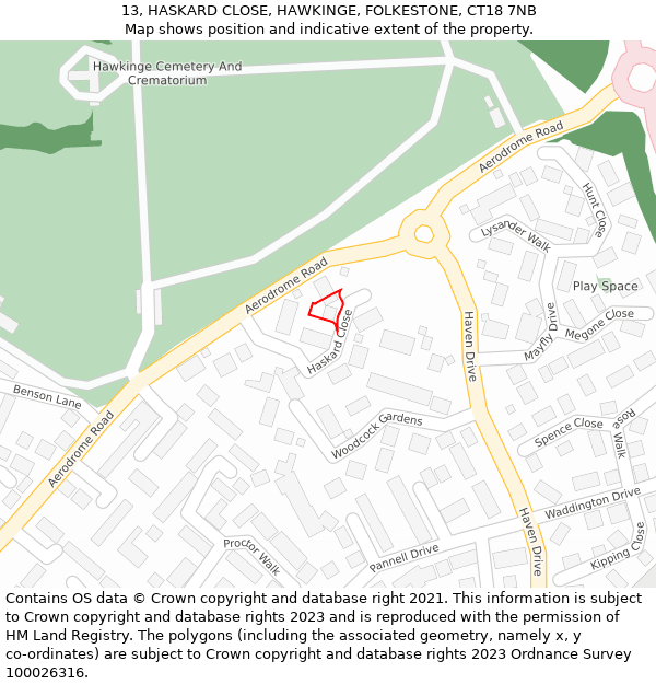 13, HASKARD CLOSE, HAWKINGE, FOLKESTONE, CT18 7NB: Location map and indicative extent of plot