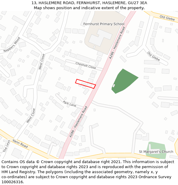 13, HASLEMERE ROAD, FERNHURST, HASLEMERE, GU27 3EA: Location map and indicative extent of plot