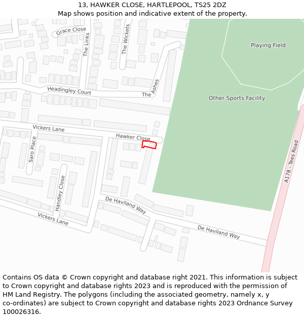 13, HAWKER CLOSE, HARTLEPOOL, TS25 2DZ: Location map and indicative extent of plot