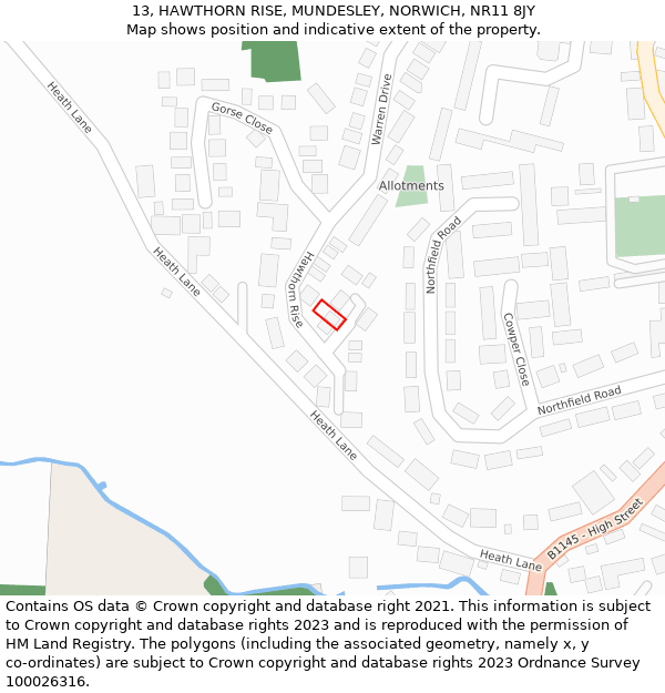 13, HAWTHORN RISE, MUNDESLEY, NORWICH, NR11 8JY: Location map and indicative extent of plot