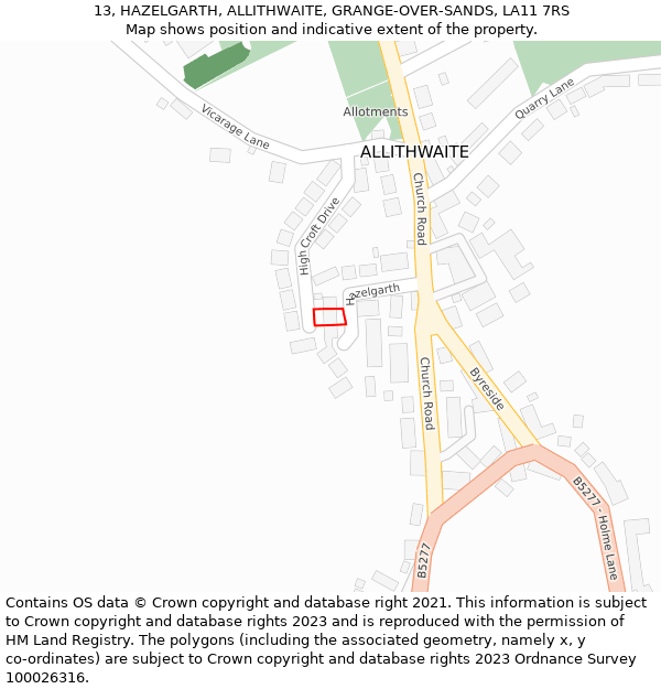 13, HAZELGARTH, ALLITHWAITE, GRANGE-OVER-SANDS, LA11 7RS: Location map and indicative extent of plot