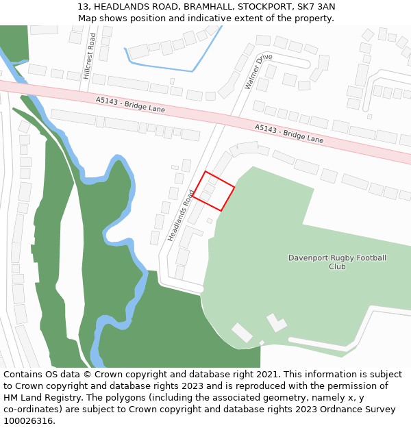 13, HEADLANDS ROAD, BRAMHALL, STOCKPORT, SK7 3AN: Location map and indicative extent of plot