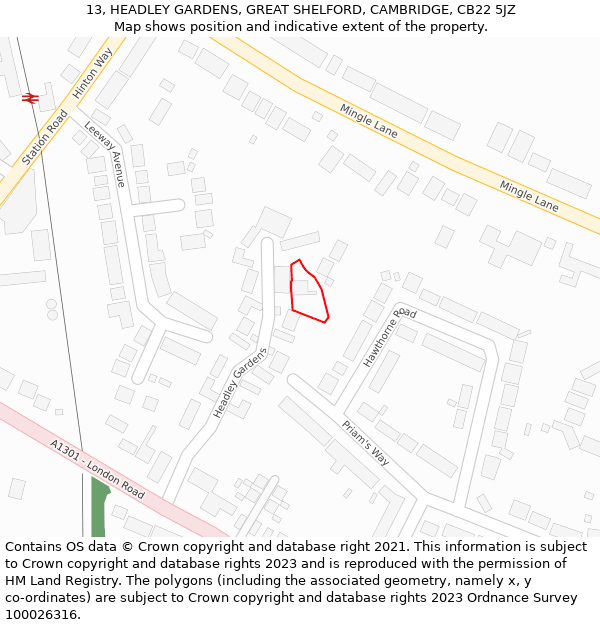 13, HEADLEY GARDENS, GREAT SHELFORD, CAMBRIDGE, CB22 5JZ: Location map and indicative extent of plot