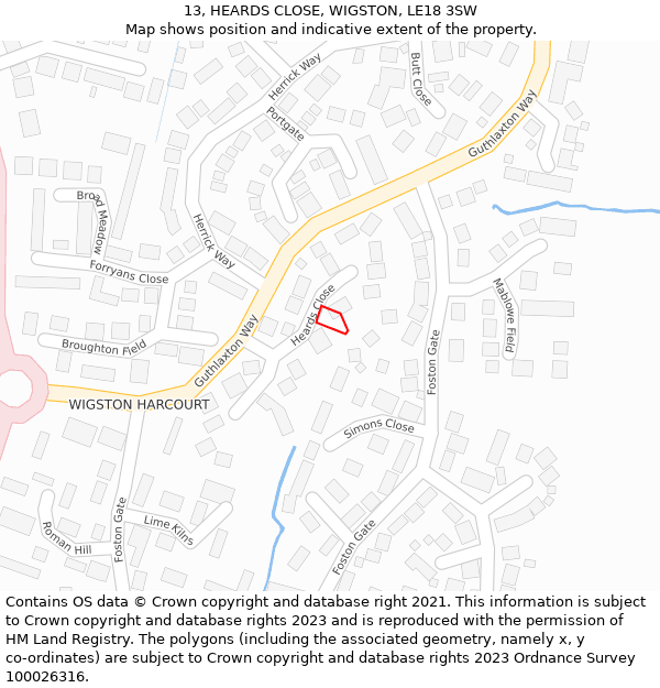 13, HEARDS CLOSE, WIGSTON, LE18 3SW: Location map and indicative extent of plot