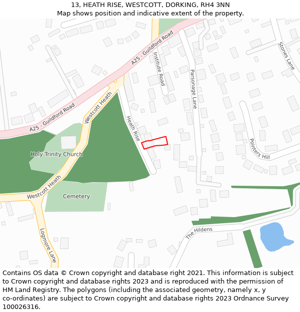 13, HEATH RISE, WESTCOTT, DORKING, RH4 3NN: Location map and indicative extent of plot