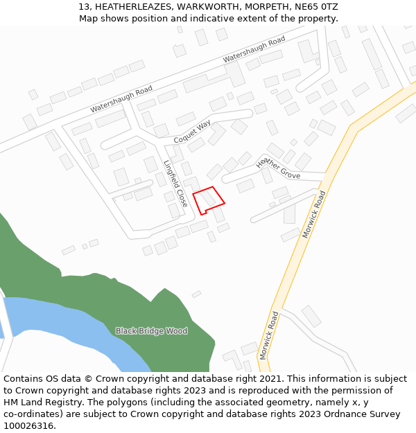 13, HEATHERLEAZES, WARKWORTH, MORPETH, NE65 0TZ: Location map and indicative extent of plot