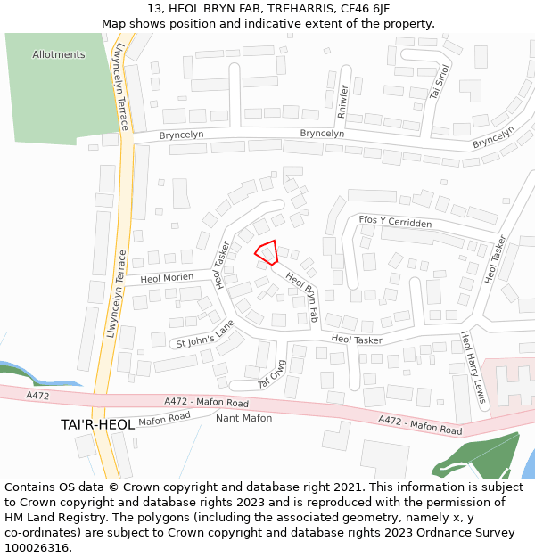 13, HEOL BRYN FAB, TREHARRIS, CF46 6JF: Location map and indicative extent of plot