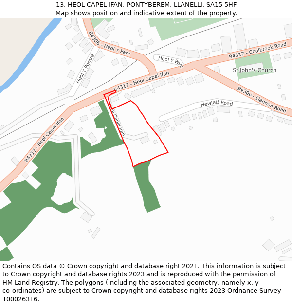13, HEOL CAPEL IFAN, PONTYBEREM, LLANELLI, SA15 5HF: Location map and indicative extent of plot