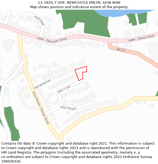 13, HEOL Y GOF, NEWCASTLE EMLYN, SA38 9HW: Location map and indicative extent of plot