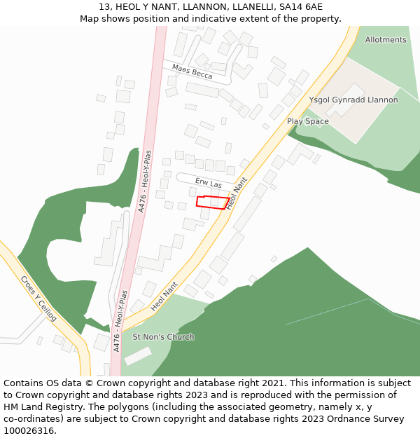 13, HEOL Y NANT, LLANNON, LLANELLI, SA14 6AE: Location map and indicative extent of plot