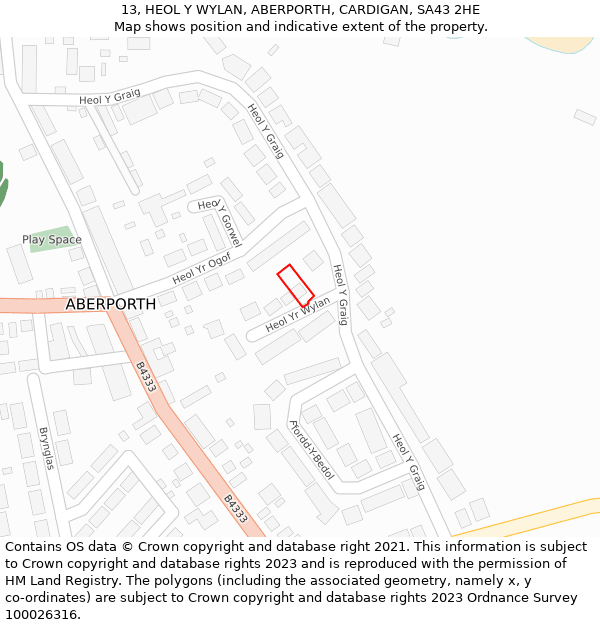 13, HEOL Y WYLAN, ABERPORTH, CARDIGAN, SA43 2HE: Location map and indicative extent of plot