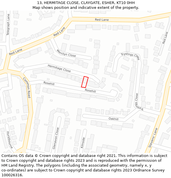 13, HERMITAGE CLOSE, CLAYGATE, ESHER, KT10 0HH: Location map and indicative extent of plot