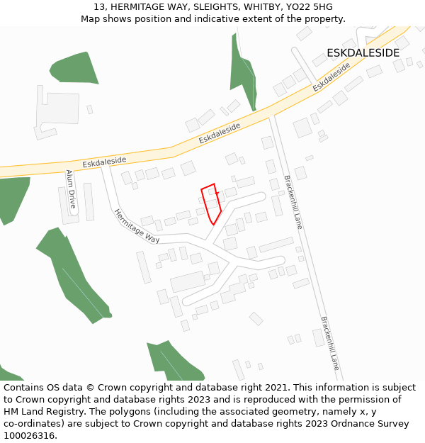 13, HERMITAGE WAY, SLEIGHTS, WHITBY, YO22 5HG: Location map and indicative extent of plot