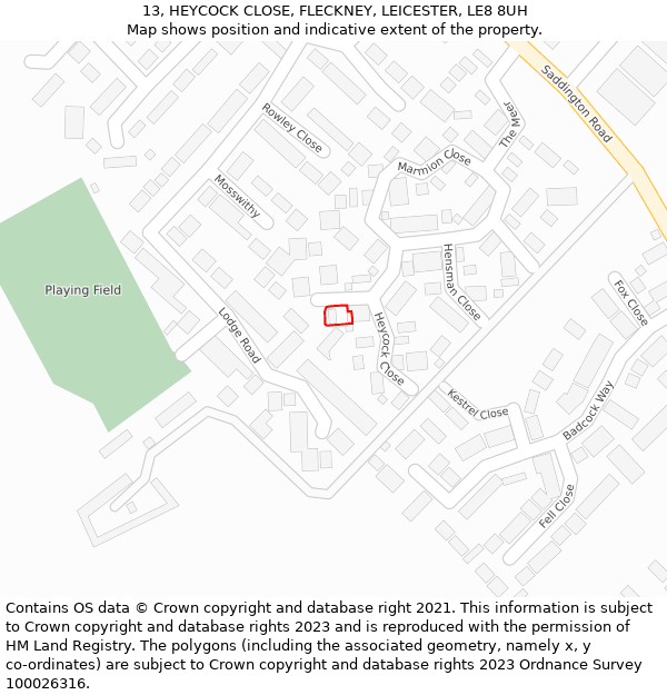 13, HEYCOCK CLOSE, FLECKNEY, LEICESTER, LE8 8UH: Location map and indicative extent of plot