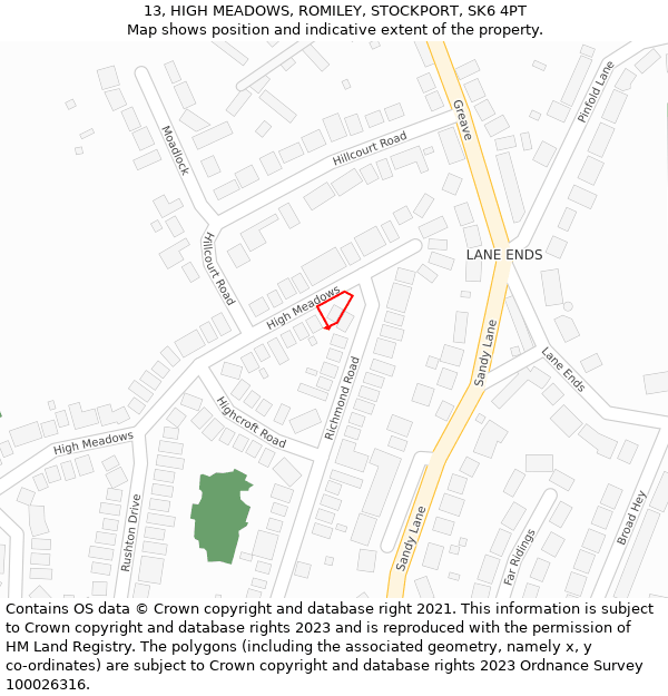 13, HIGH MEADOWS, ROMILEY, STOCKPORT, SK6 4PT: Location map and indicative extent of plot