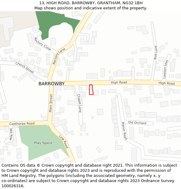 13, HIGH ROAD, BARROWBY, GRANTHAM, NG32 1BH: Location map and indicative extent of plot