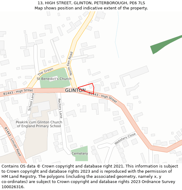 13, HIGH STREET, GLINTON, PETERBOROUGH, PE6 7LS: Location map and indicative extent of plot