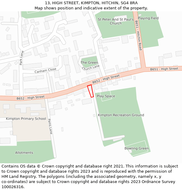 13, HIGH STREET, KIMPTON, HITCHIN, SG4 8RA: Location map and indicative extent of plot
