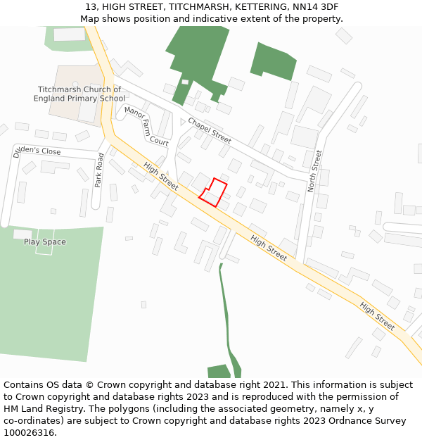 13, HIGH STREET, TITCHMARSH, KETTERING, NN14 3DF: Location map and indicative extent of plot