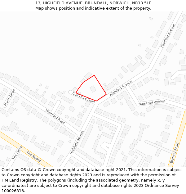 13, HIGHFIELD AVENUE, BRUNDALL, NORWICH, NR13 5LE: Location map and indicative extent of plot