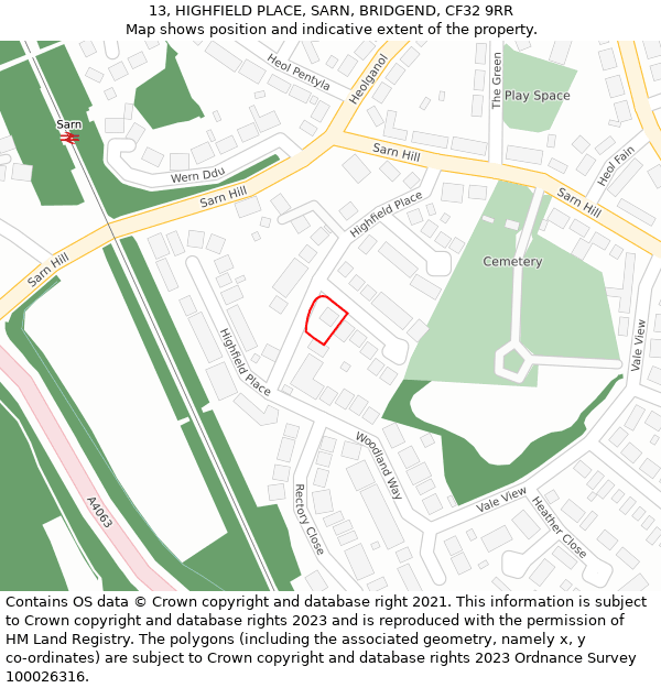 13, HIGHFIELD PLACE, SARN, BRIDGEND, CF32 9RR: Location map and indicative extent of plot