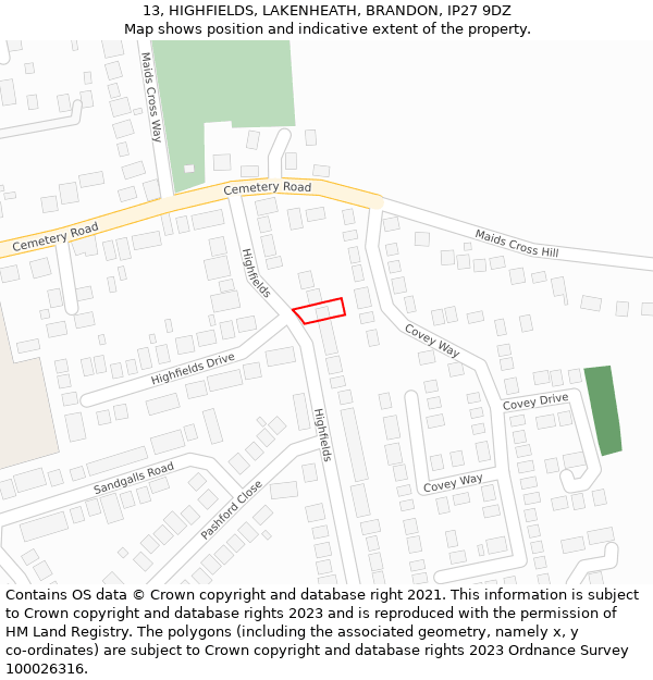 13, HIGHFIELDS, LAKENHEATH, BRANDON, IP27 9DZ: Location map and indicative extent of plot