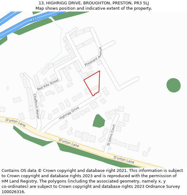 13, HIGHRIGG DRIVE, BROUGHTON, PRESTON, PR3 5LJ: Location map and indicative extent of plot