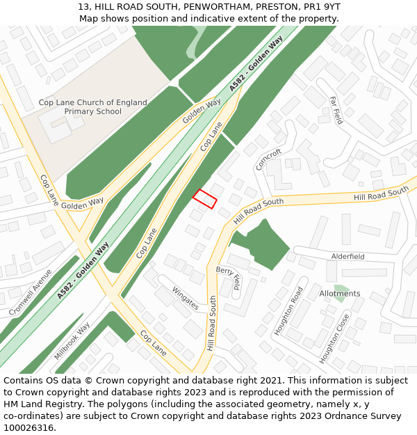 13, HILL ROAD SOUTH, PENWORTHAM, PRESTON, PR1 9YT: Location map and indicative extent of plot