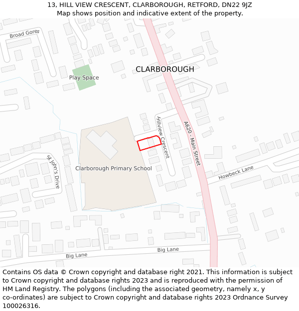 13, HILL VIEW CRESCENT, CLARBOROUGH, RETFORD, DN22 9JZ: Location map and indicative extent of plot