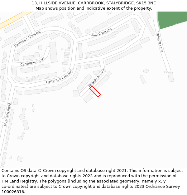 13, HILLSIDE AVENUE, CARRBROOK, STALYBRIDGE, SK15 3NE: Location map and indicative extent of plot