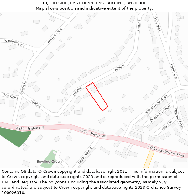 13, HILLSIDE, EAST DEAN, EASTBOURNE, BN20 0HE: Location map and indicative extent of plot