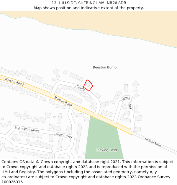 13, HILLSIDE, SHERINGHAM, NR26 8DB: Location map and indicative extent of plot