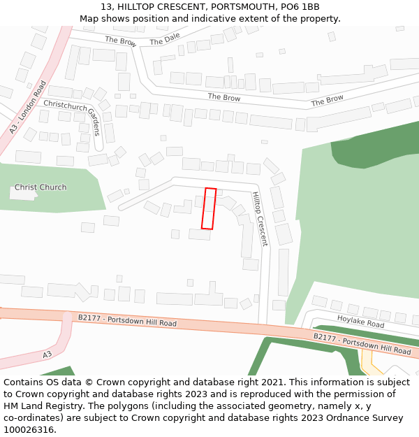 13, HILLTOP CRESCENT, PORTSMOUTH, PO6 1BB: Location map and indicative extent of plot