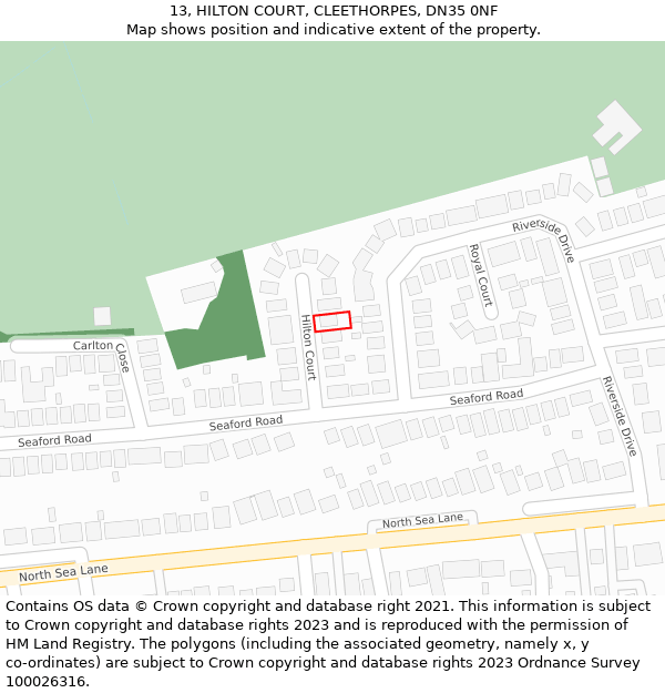 13, HILTON COURT, CLEETHORPES, DN35 0NF: Location map and indicative extent of plot